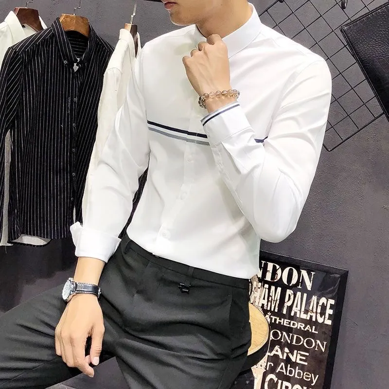Mandarin Collar Formal Shirt Slim Fit - Męska koszula z mandaryńskim kołnierzykiem, długim