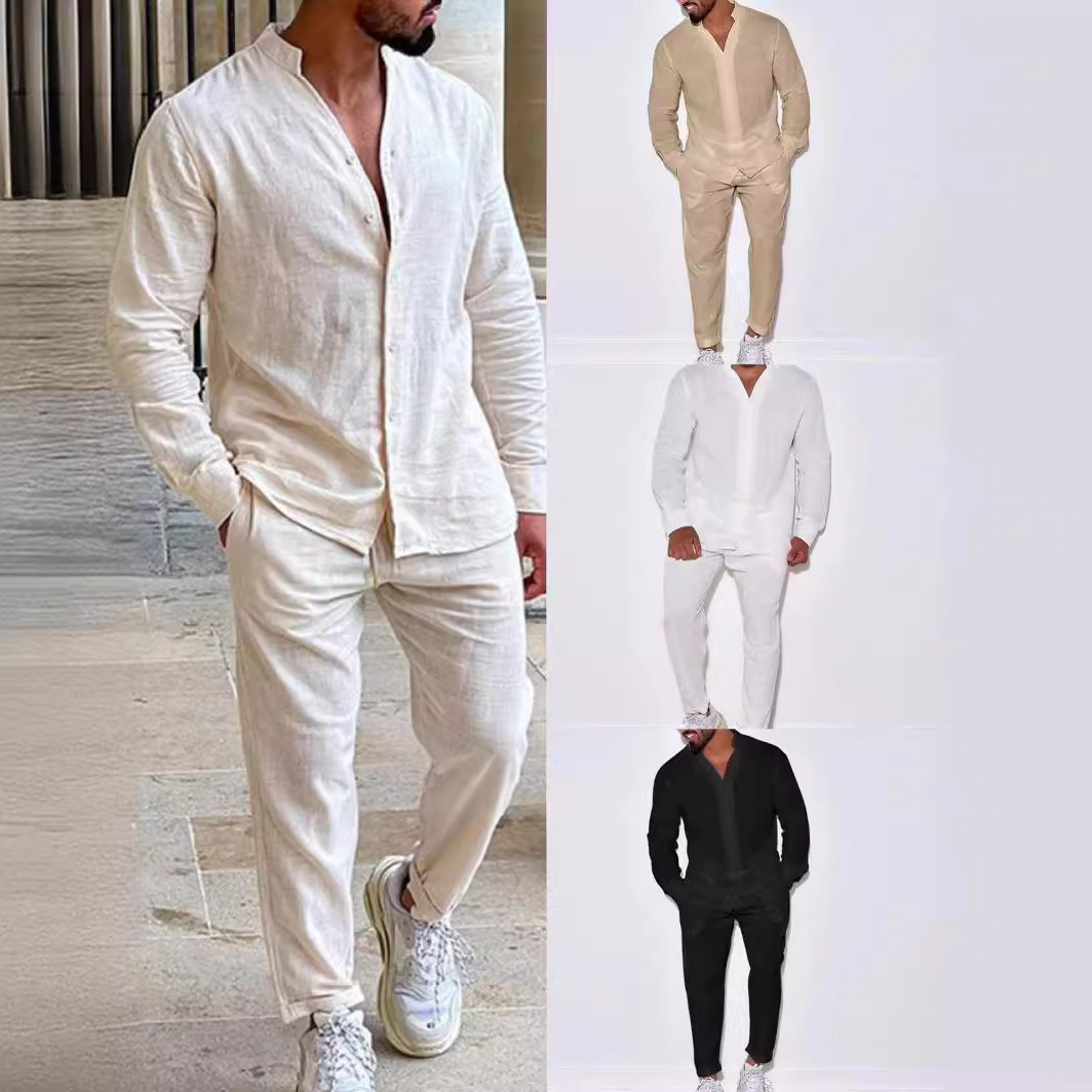 Mens Linen Shirt Long Sleeve - Męskie zestawy Lniany wiosenny jesienny garnitur