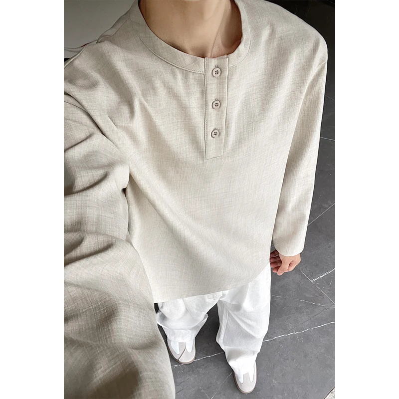 Mens Linen Shirt Long Sleeve - Męska koszula Henley z imitacji lnu,