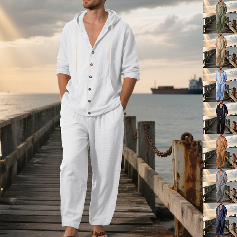 Mens Linen Shirt Long Sleeve - Letni męski luźny lniany komplet z