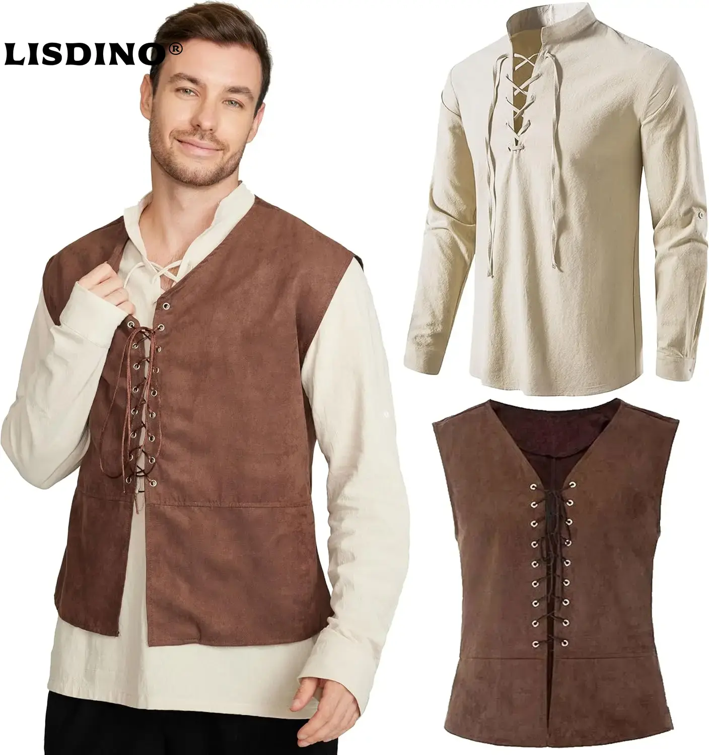 Medieval Gothic Lace Up Pirate Shirt - 2-częściowy zestaw męski: średniowieczna kamizelka piracka,