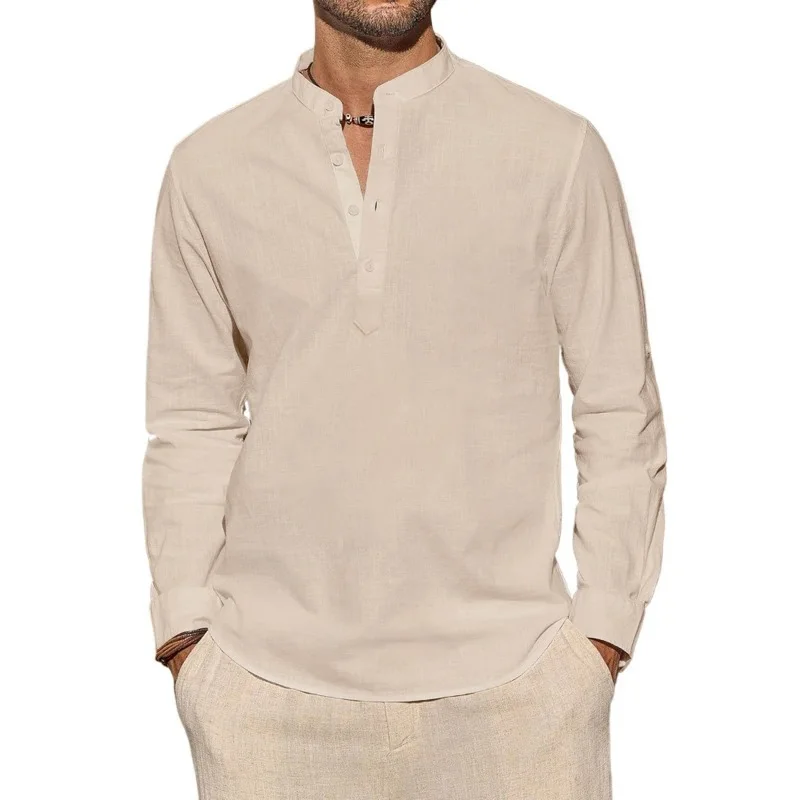 Mens Linen Shirt Long Sleeve - Męskie koszulki z długim rękawem, codzienne,
