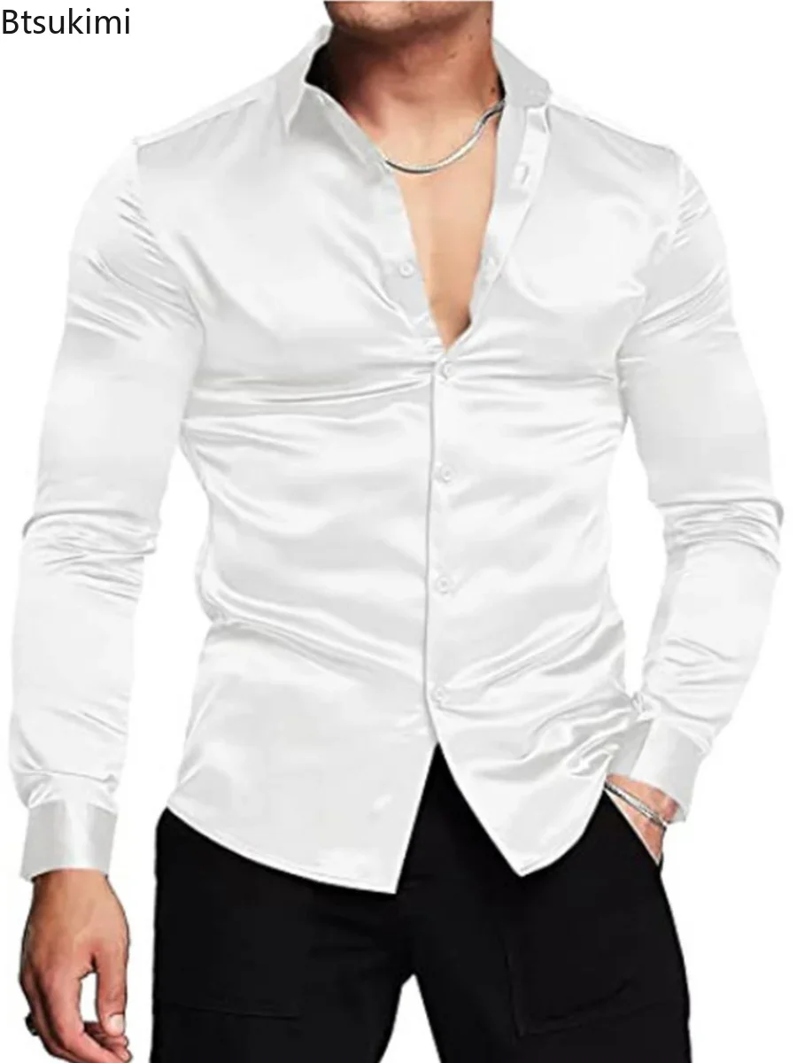 Mens Satin Silk Dress Shirt - Nowa męska luksusowa koszula z błyszczącego